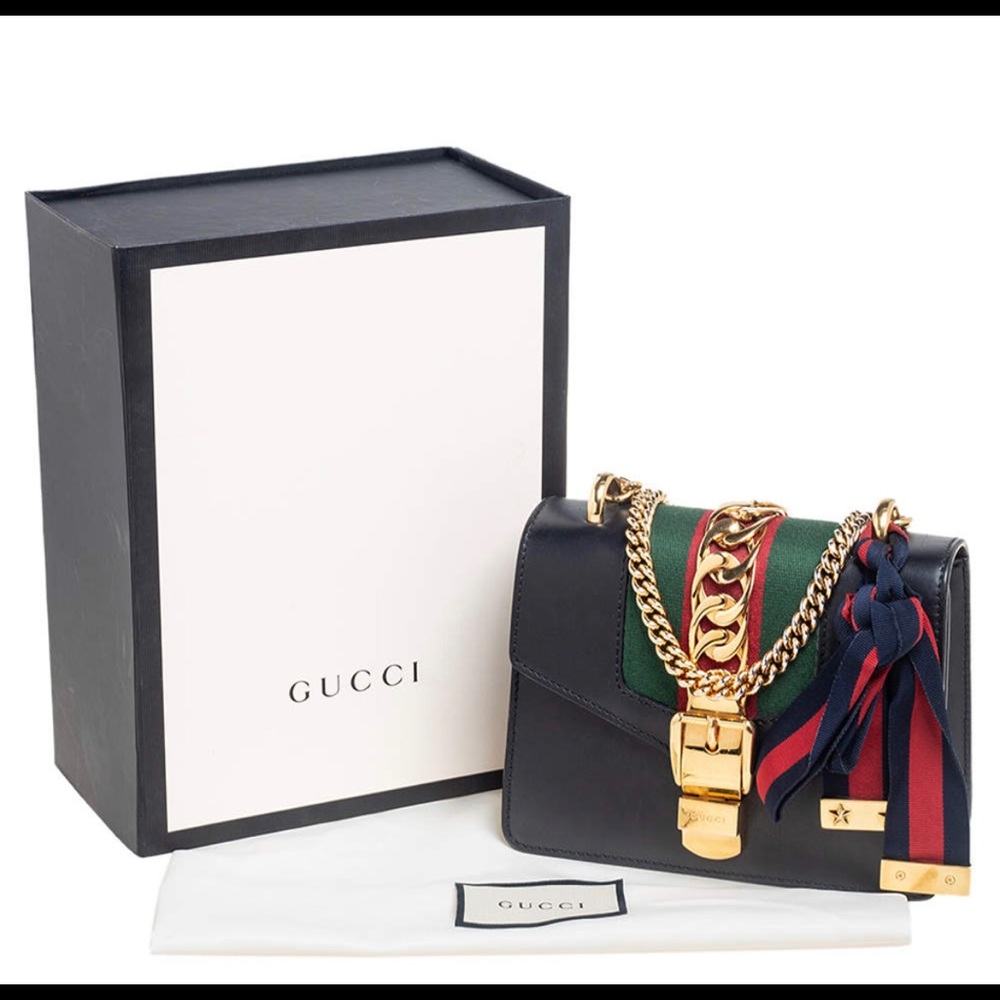 Authentic Gucci Black Leather Mini Web Chain. Sylvie Crossbody Bag